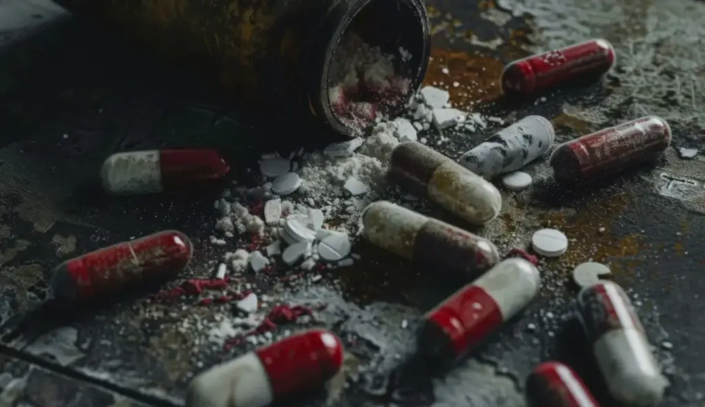 Spilled prescription opioid pills and capsules representing opioid addiction and substance abuse disorder