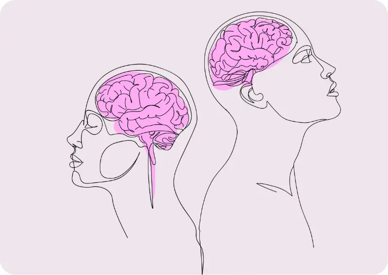 Illustration of two human profiles with highlighted brains representing emotional regulation in dual diagnosis recovery and mental health treatment