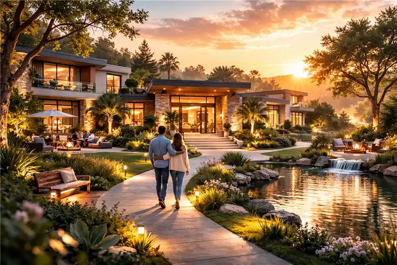 Couple walking through landscaped luxury addiction treatment center during sunset representing a medically supervised meth detox environment