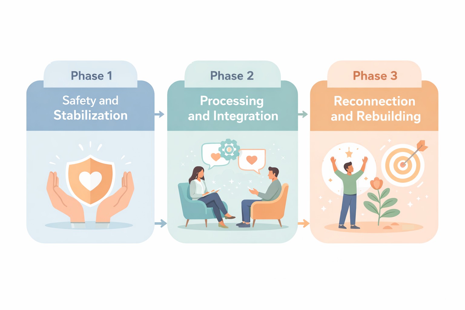 Infographic showing the three phases of mental health recovery—Safety and Stabilization, Processing and Integration, and Reconnection and Rebuilding—displayed in a soft-colored flowchart with icons representing therapy, emotional regulation, and personal growth.