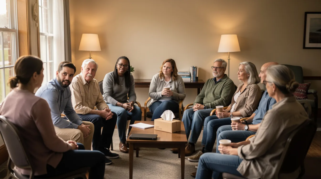 A diverse group of individuals sits in a circle during a support meeting at a local partial care program in NJ; sharing their experiences and discussing relapse prevention strategies for overcoming drug or alcohol addiction. The atmosphere is supportive, emphasizing the importance of coping skills and a strong support system in the recovery process for preventing relapse.
