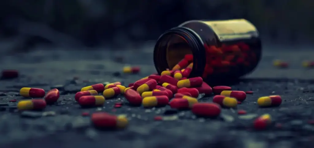 Open prescription pill bottle with scattered stimulant capsules representing rising stimulant abuse and addiction
