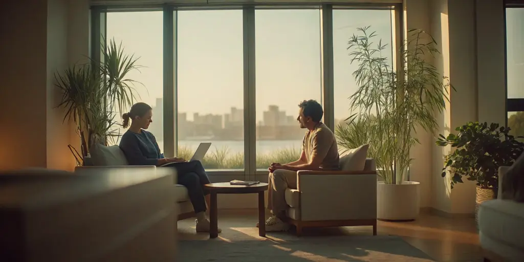 Two people discussing heroin detox options in a comfortable New Jersey office.
