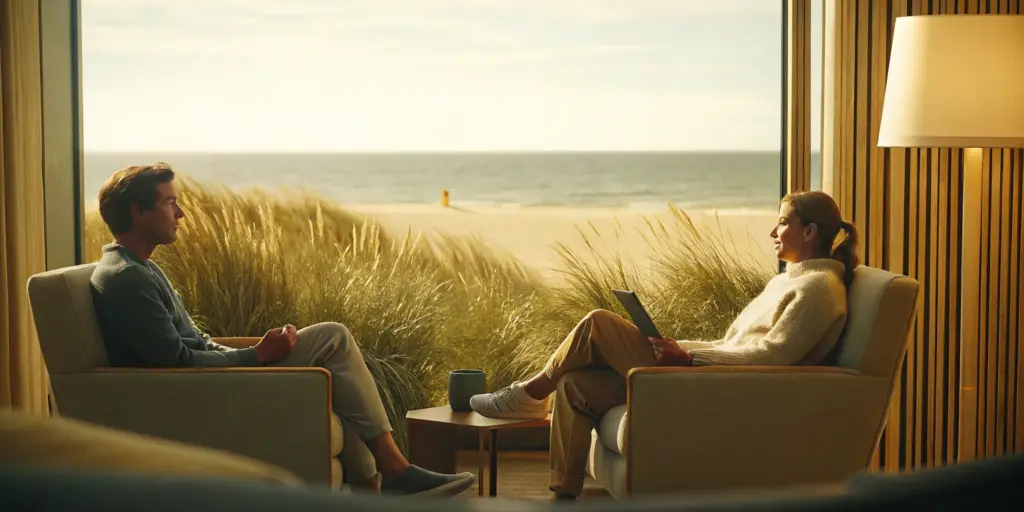 A supportive therapy session for heroin detox at a serene New Jersey center by the beach.