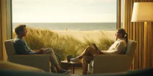 A supportive therapy session for heroin detox at a serene New Jersey center by the beach.