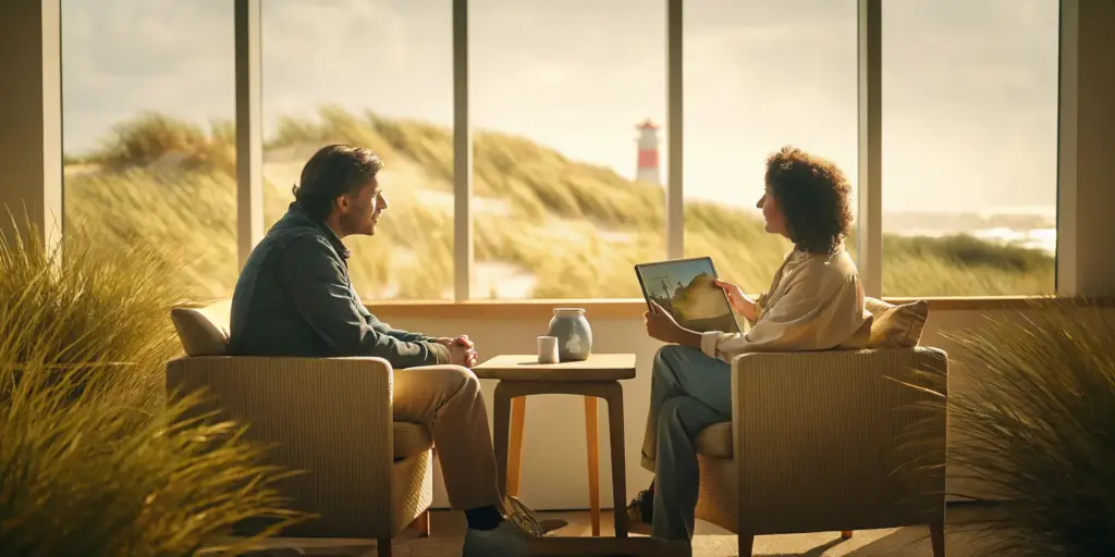 Two people in a supportive setting discussing alcohol rehab in New Jersey.