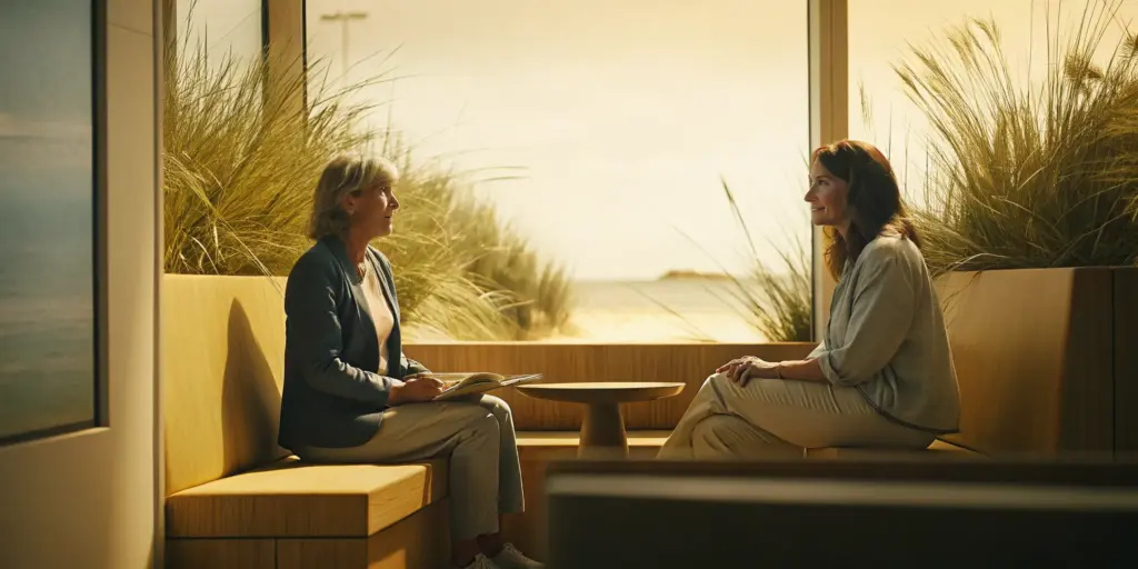 Two women talking at a bright, modern drug and alcohol rehab in New Jersey.