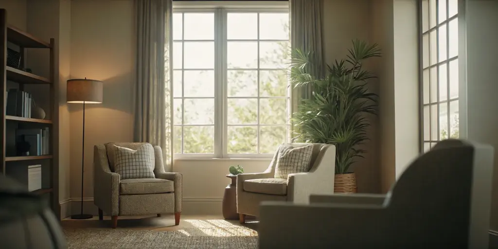 A calm therapy session room with soft natural light and comfortable seating at a New Jersey mental health treatment center