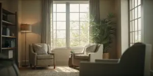 A calm therapy session room with soft natural light and comfortable seating at a New Jersey mental health treatment center