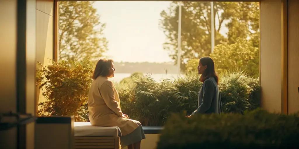 Serene luxury rehab facility in New Jersey with calming natural light and peaceful setting