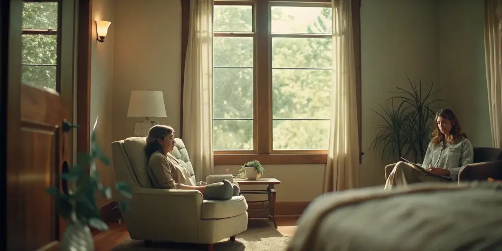 Comfortable therapy room in a luxury New Jersey rehab facility with soft natural light