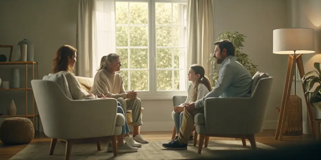 Family gathering for a compassionate addiction intervention conversation in a warm living room