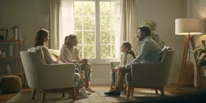 Family gathering for a compassionate addiction intervention conversation in a warm living room