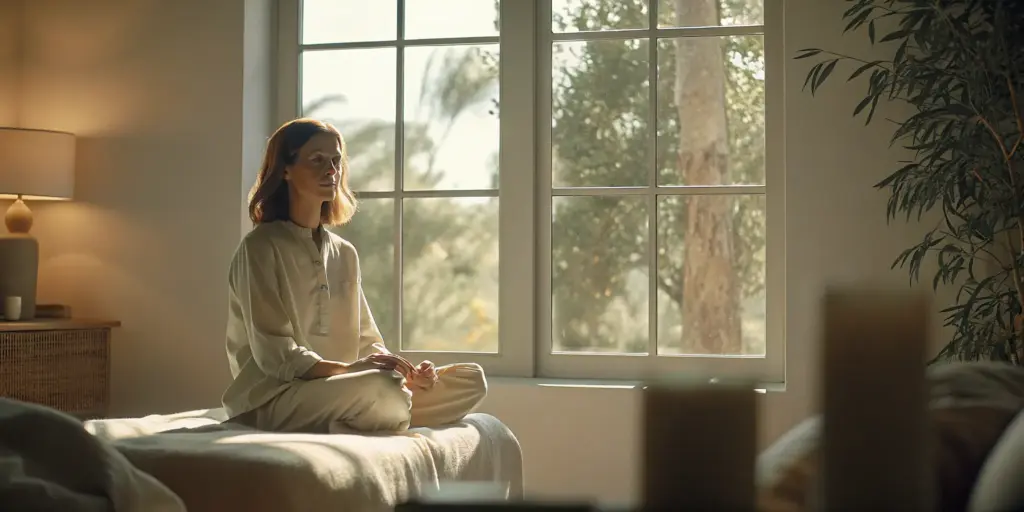Person meditating peacefully in a sunlit therapy room during addiction recovery treatment