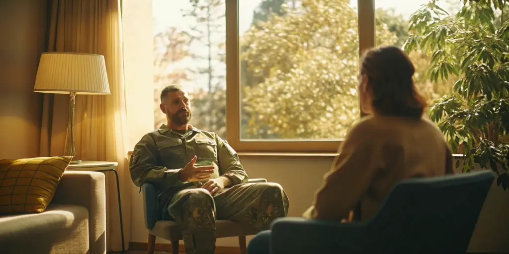 Military veteran speaking with a counselor in a sunlit therapy room