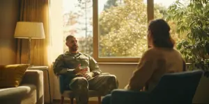 Military veteran speaking with a counselor in a sunlit therapy room