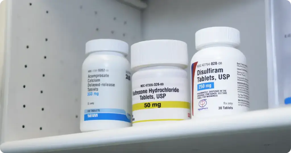 medication assisted medications on a clinic shelf including naltrexone, disulfriam, and acamprosate