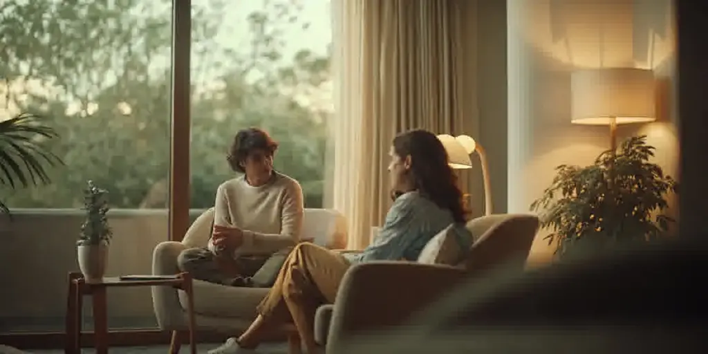 Therapist speaking with a client in a bright New Jersey counseling office